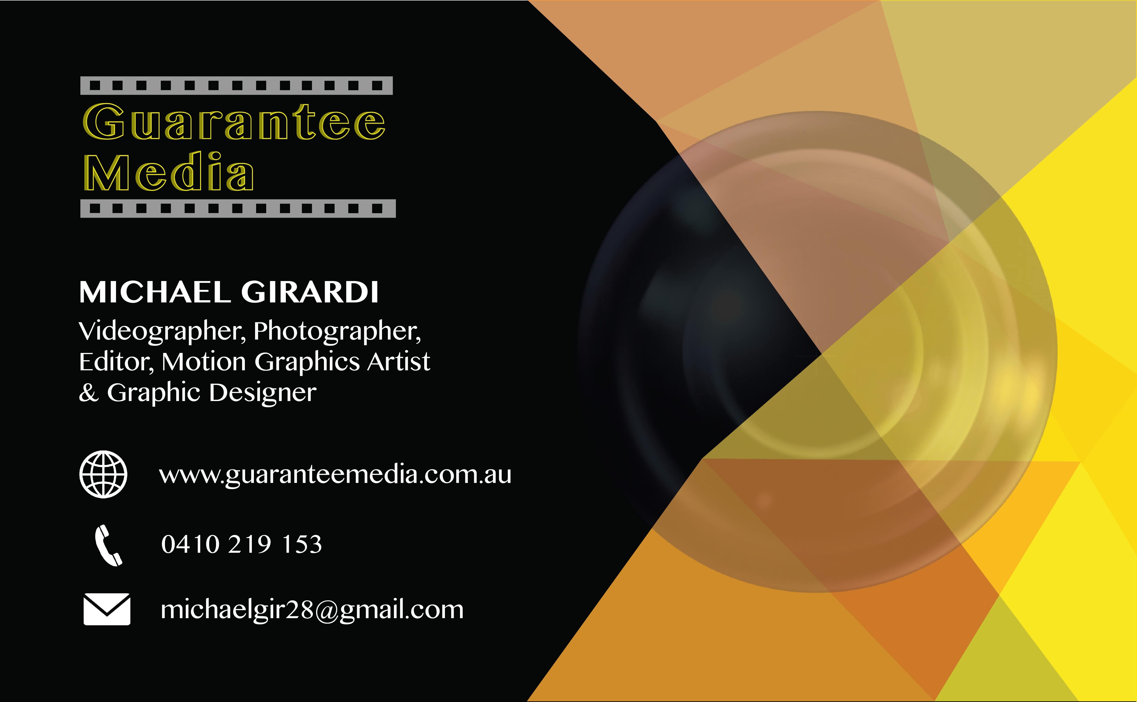 guarantee media business card Guarantee Media is a Freelance videographer, photographer and video editor in Melbourne, Australia.